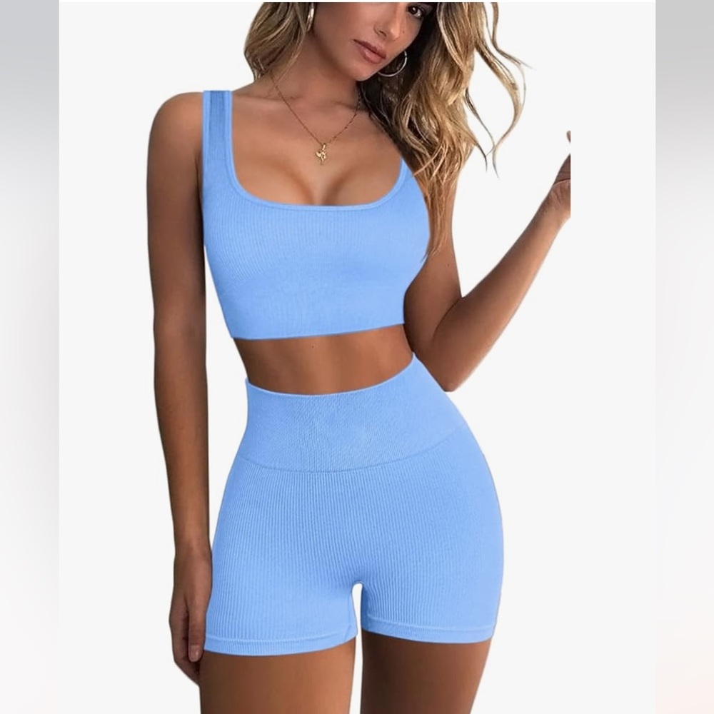 Blue Ribbed Workout Yoga Set